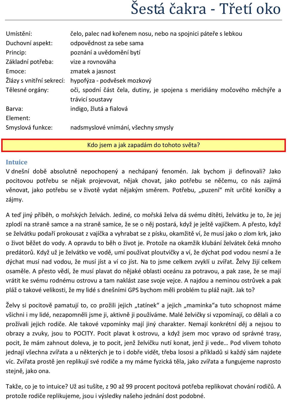 indigo, žlutá a fialová Element: Smyslová funkce: nadsmyslové vnímání, všechny smysly Kdo jsem a jak zapadám do tohoto světa? Intuice V dnešní době absolutně nepochopený a nechápaný fenomén.