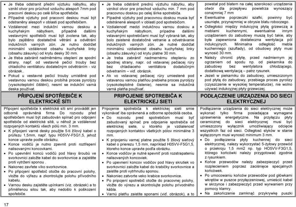 Vzdálenost mezi indukční varnou deskou a kuchyňským nábytkem, případně dalšími vestavnými spotřebiči musí být zvolena tak, aby bylo zajištěno dostatečné větrání a odvětrání indukčních varných zón.