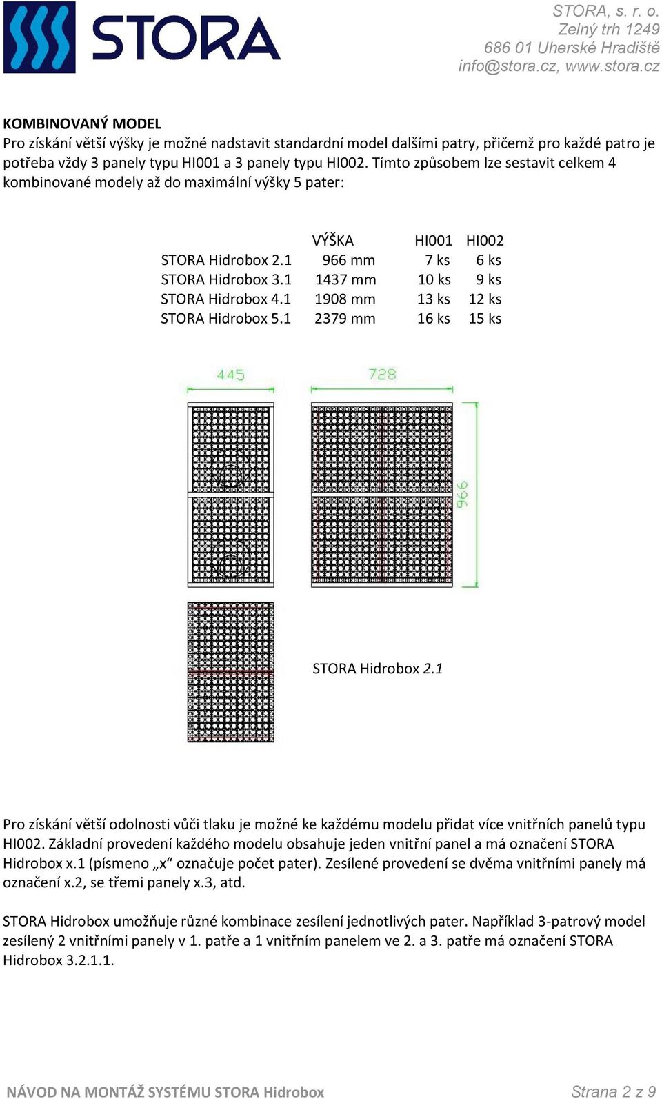 1 1908 mm 13 ks 12 ks STORA Hidrobox 5.1 2379 mm 16 ks 15 ks STORA Hidrobox 2.1 Pro získání větší odolnosti vůči tlaku je možné ke každému modelu přidat více vnitřních panelů typu HI002.