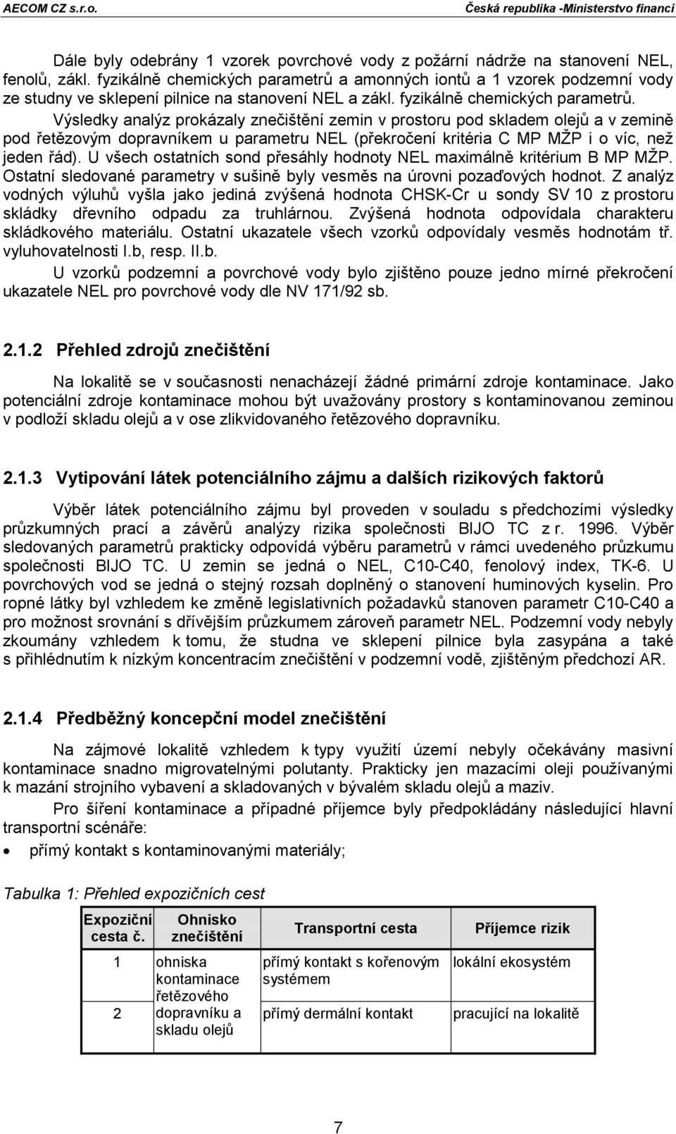 Výsledky analýz prokázaly znečištění zemin v prostoru pod skladem olejů a v zemině pod řetězovým dopravníkem u parametru NEL (překročení kritéria C MP MŽP i o víc, než jeden řád).