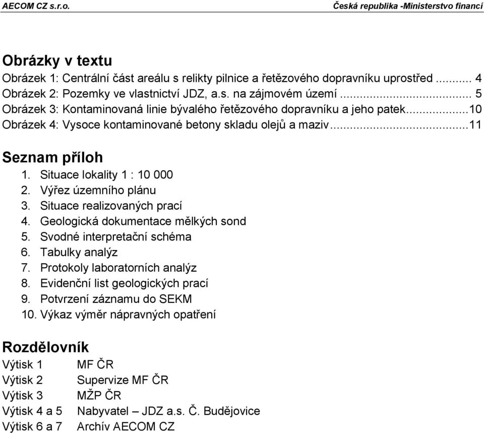 Situace lokality 1 : 10 000 2. Výřez územního plánu 3. Situace realizovaných prací 4. Geologická dokumentace mělkých sond 5. Svodné interpretační schéma 6. Tabulky analýz 7.