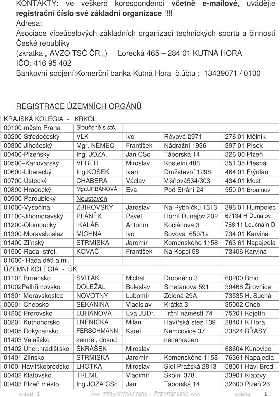 banka Kutná Hora č.účtu : 13439071 / 0100 REGISTRACE ÚZEMNÍCH ORGÁNŮ KRAJSKÁ KOLEGIA - KRKOL 00100-město Praha Sloučené s stč. 00200-Středočeský VLK Ivo Révová 2971 276 01 Mělník 00300-Jihočeský Mgr.