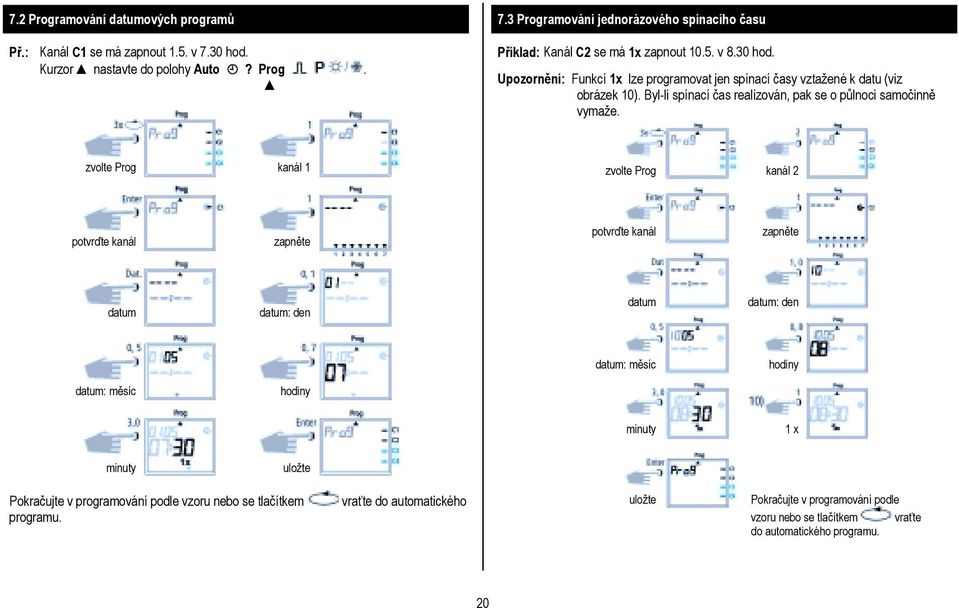 zvolte Prog kanál 1 zvolte Prog kanál 2 potvrďte kanál zapněte potvrďte kanál zapněte datum datum: den datum datum: den datum: měsíc hodiny datum: měsíc hodiny minuty 1 x minuty uložte