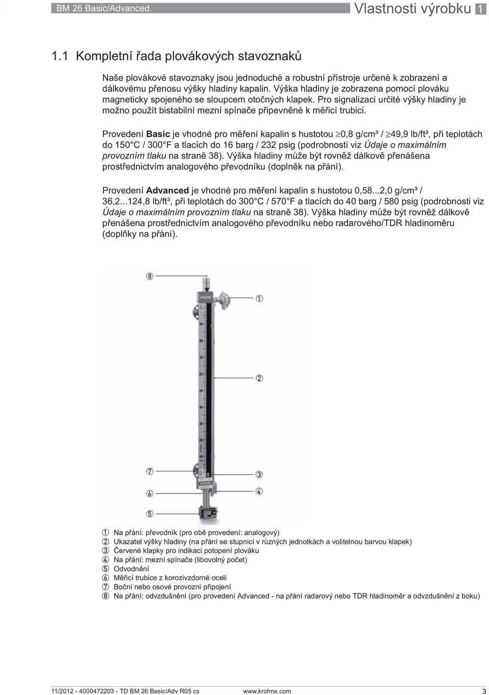 Výška hladiny je zobrazena pomocí plováku magneticky spojeného se sloupcem oto ných klapek. Pro signalizaci ur ité výšky hladiny je možno použít bistabilní mezní spína e p ipevn né k m icí trubici.