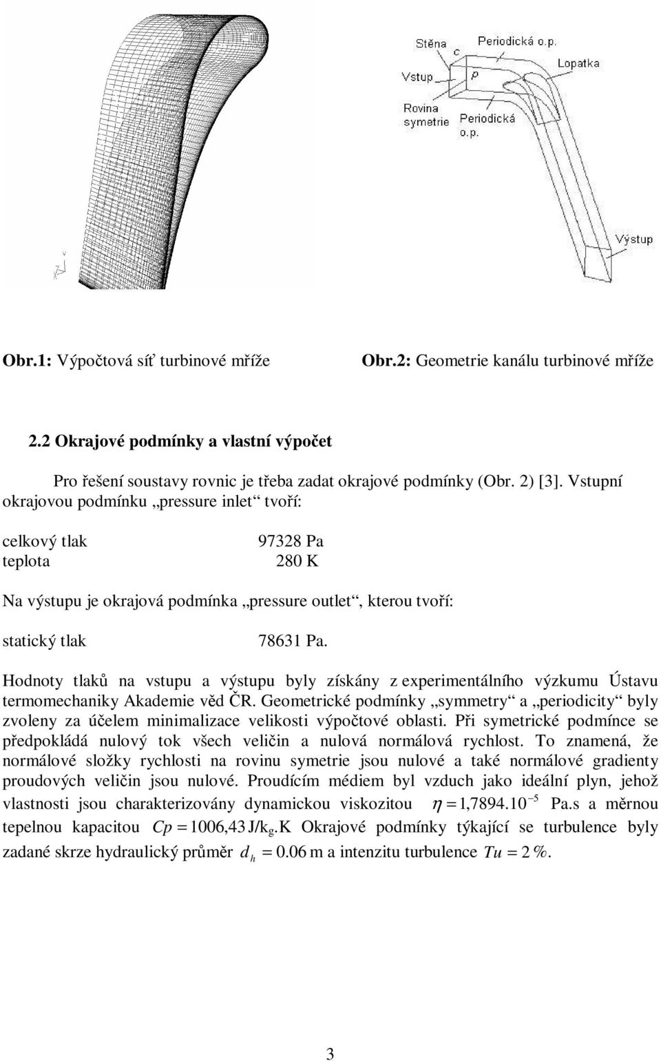Hodnoty tlaků na vstupu a výstupu byly získány z experimentálního výzkumu Ústavu termomechaniky Akademie věd ČR.