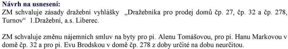 ZM schvaluje změnu nájemních smluv na byty pro pí. Alenu Tomášovou, pro pí.