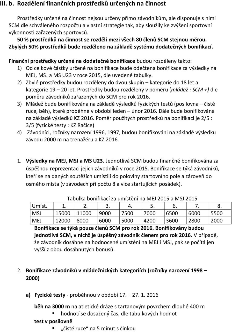 sloužily ke zvýšení sportovní výkonnosti zařazených sportovců. 50 % prostředků na činnost se rozdělí mezi všech 80 členů SCM stejnou měrou.