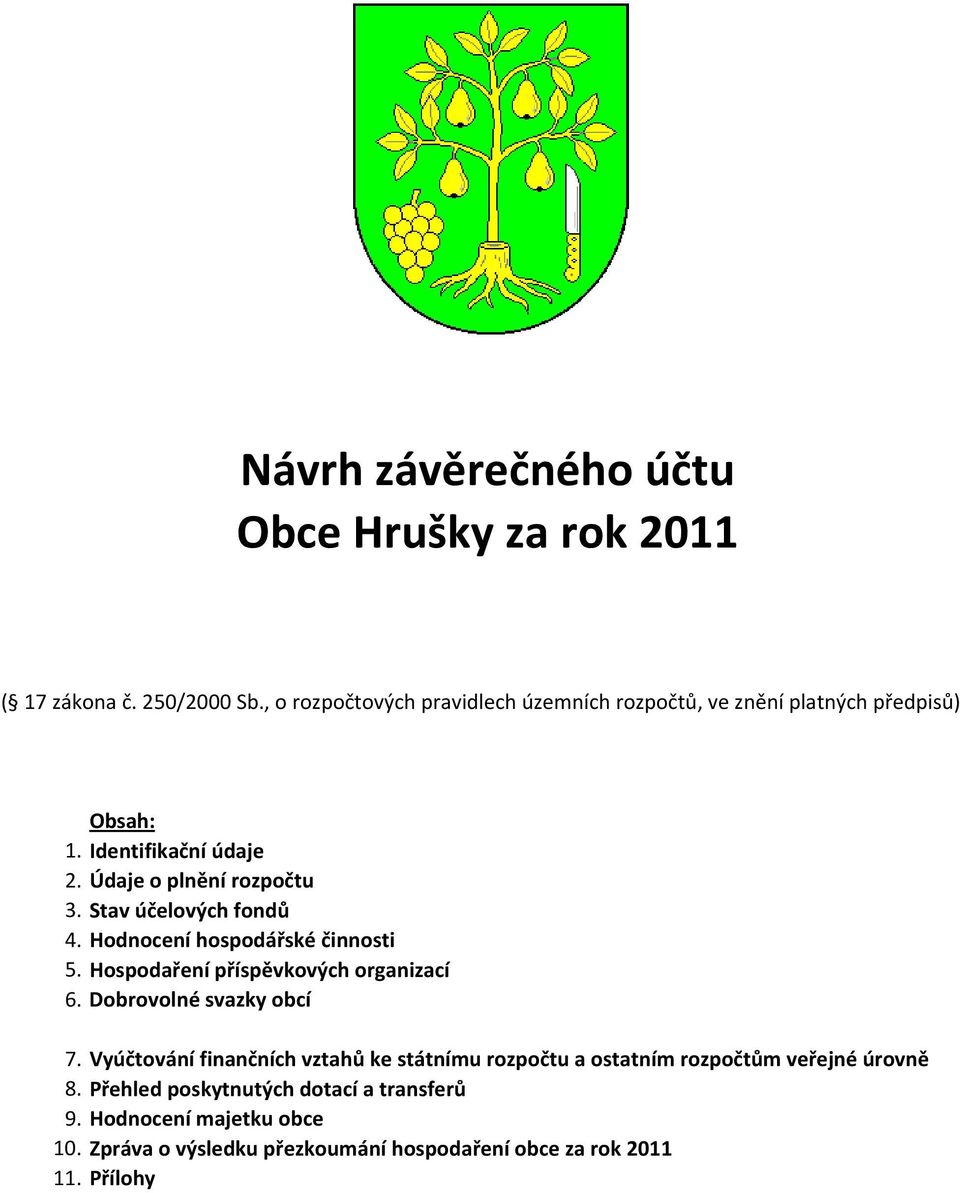 Obsah: Identifikační údaje Údaje o plnění rozpočtu Stav účelových fondů Hodnocení hospodářské činnosti Hospodaření příspěvkových organizací