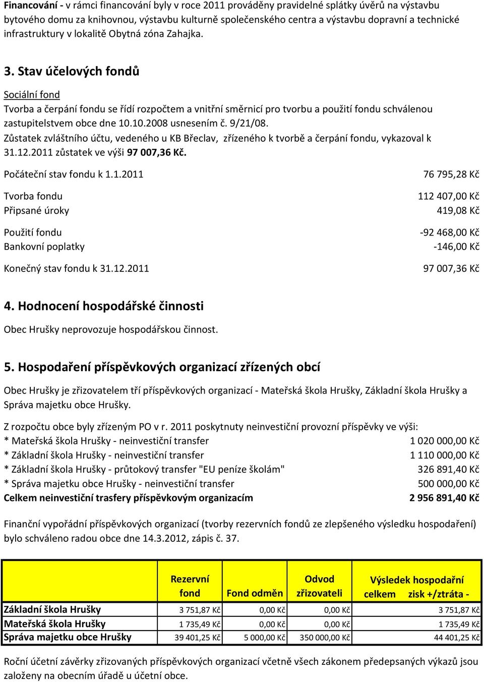 Stav účelových fondů Sociální fond Tvorba a čerpání fondu se řídí rozpočtem a vnitřní směrnicí pro tvorbu a použití fondu schválenou zastupitelstvem obce dne 10.10.2008 usnesením č. 9/21/08.