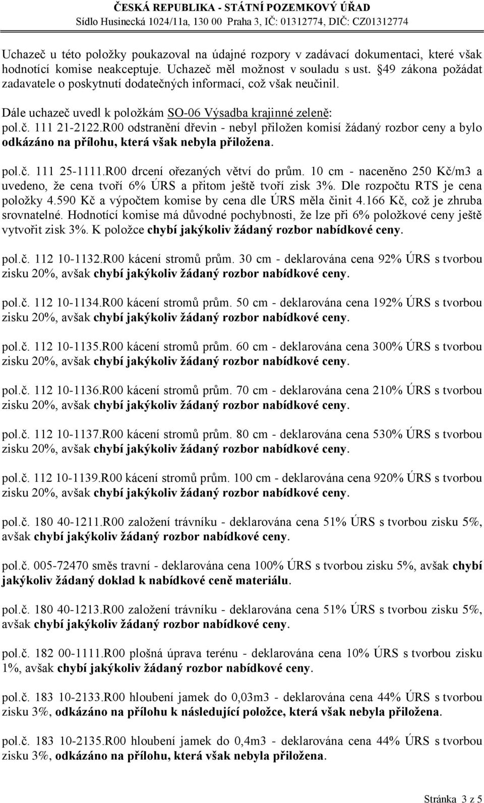 R00 odstranění dřevin - nebyl přiložen komisí žádaný rozbor ceny a bylo odkázáno na přílohu, která však nebyla přiložena. pol.č. 111 25-1111.R00 drcení ořezaných větví do prům.