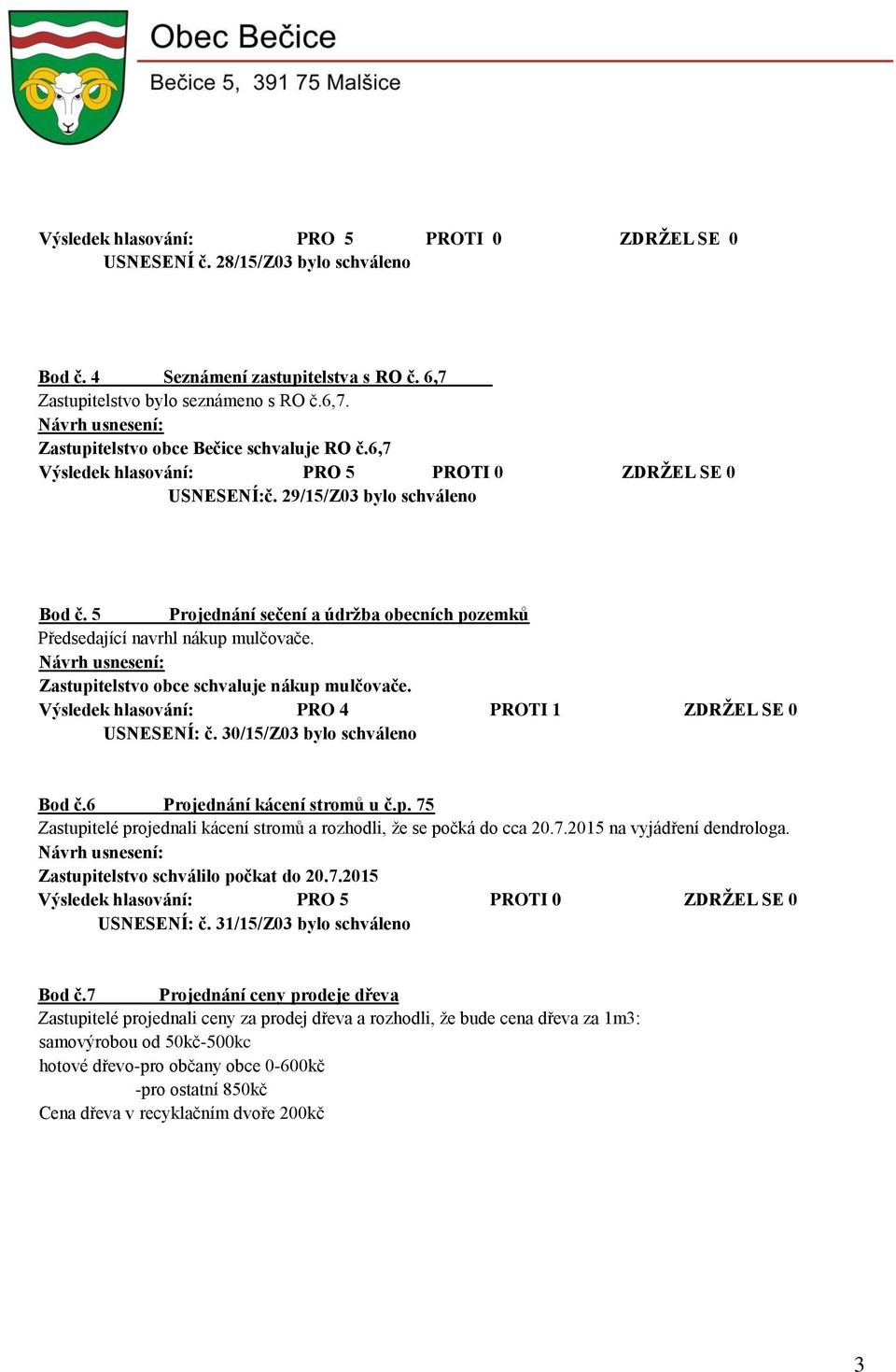 Výsledek hlasování: PRO 4 PROTI 1 ZDRŽEL SE 0 USNESENÍ: č. 30/15/Z03 bylo schváleno Bod č.6 Projednání kácení stromů u č.p. 75 Zastupitelé projednali kácení stromů a rozhodli, že se počká do cca 20.7.2015 na vyjádření dendrologa.