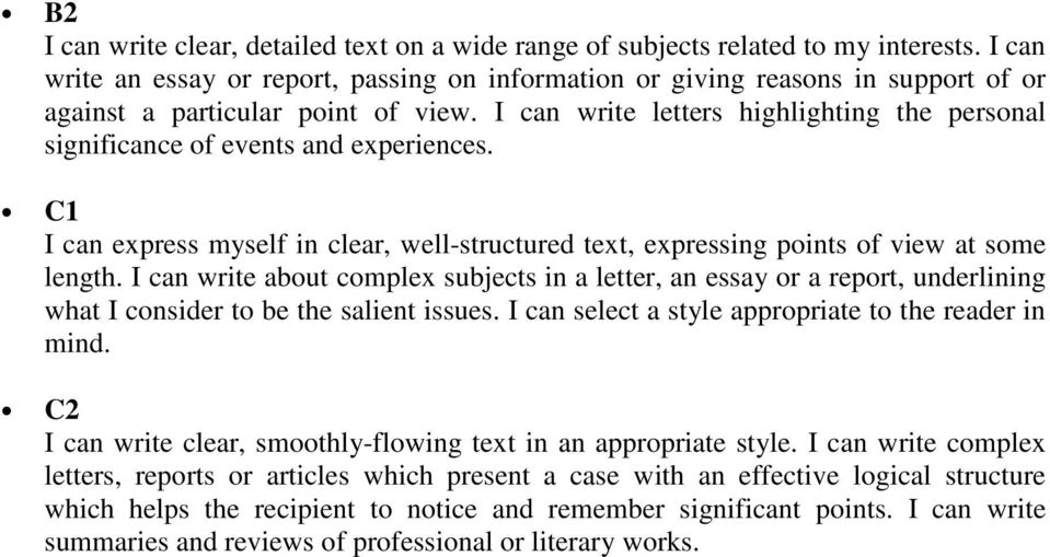 I can write letters highlighting the personal significance of events and experiences. I can express myself in clear, well-structured text, expressing points of view at some length.