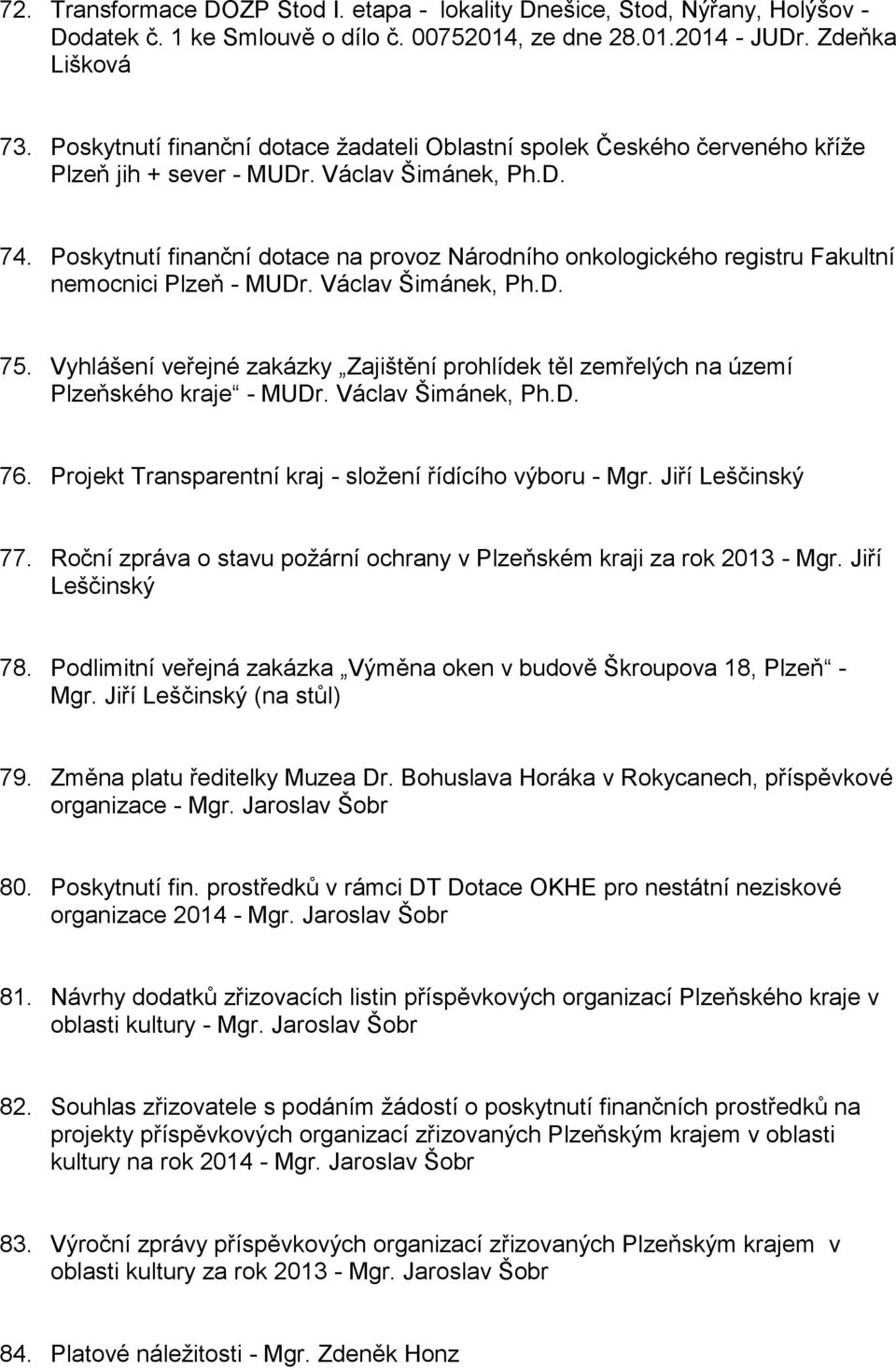 Poskytnutí finanční dotace na provoz Národního onkologického registru Fakultní nemocnici Plzeň - MUDr. Václav Šimánek, Ph.D. 75.