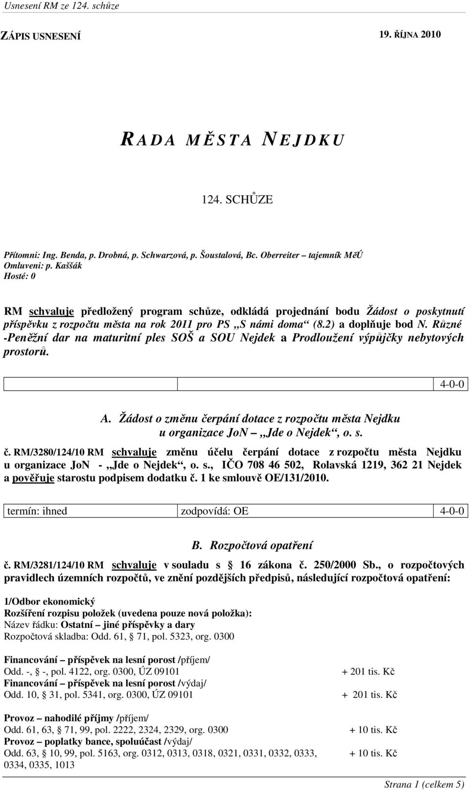 Různé -Peněžní dar na maturitní ples SOŠ a SOU Nejdek a Prodloužení výpůjčky nebytových prostorů. 4-0-0 A. Žádost o změnu če