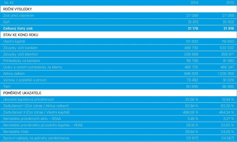 80 895 96 965 POMĚROVÉ UKAZATELE Ukazatel kapitálové přiměřenosti 32,56 % 18,94 % Zadluženost I (Cizí zdroje / Aktiva celkem) 82,94 % 82,28 % Zadluženost II (Cizí zdroje / Vlastní kapitál) 496,08 %