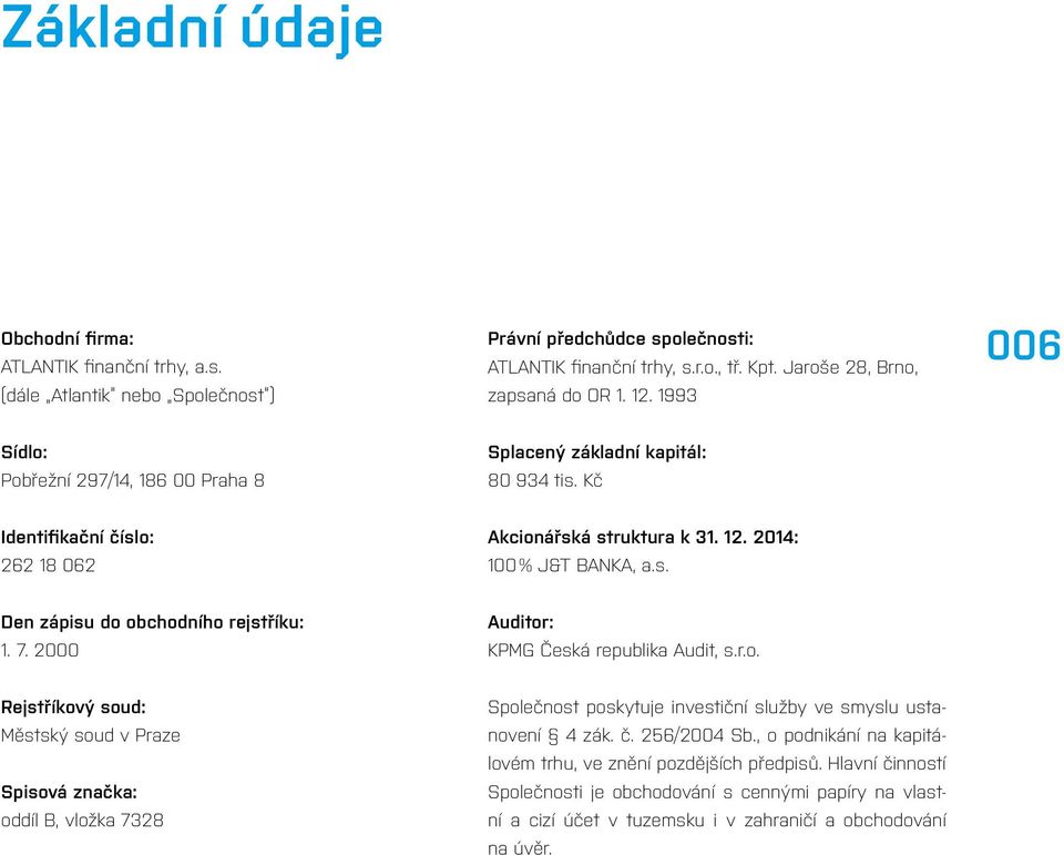 7. 2000 Auditor: KPMG Česká republika Audit, s.r.o. Rejstříkový soud: Městský soud v Praze Spisová značka: oddíl B, vložka 7328 Společnost poskytuje investiční služby ve smyslu ustanovení 4 zák. č.