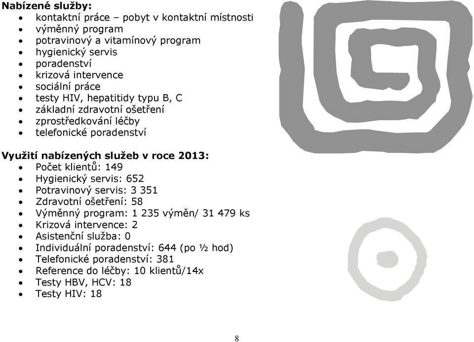 v roce 2013: Počet klientů: 149 Hygienický servis: 652 Potravinový servis: 3 351 Zdravotní ošetření: 58 Výměnný program: 1 235 výměn/ 31 479 ks Krizová