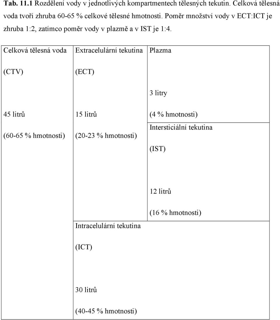 Poměr množství vody v ECT:ICT je zhruba 1:2, zatímco poměr vody v plazmě a v IST je 1:4.