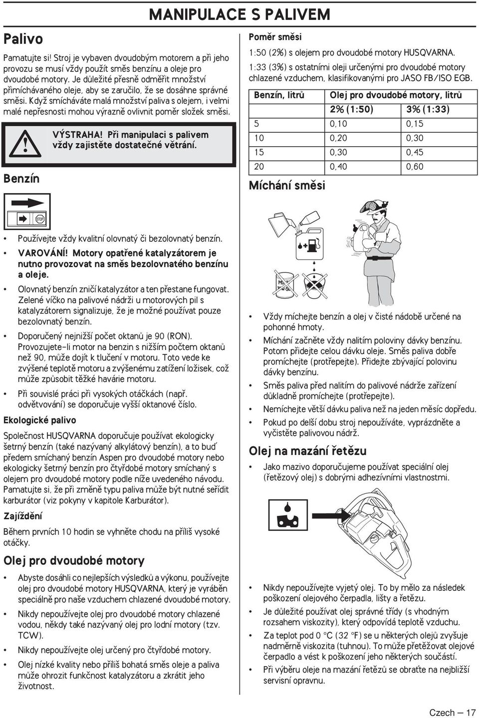 KdyÏ smícháváte malá mnoïství paliva s olejem, i velmi malé nepfiesnosti mohou v raznû ovlivnit pomûr sloïek smûsi. Benzín V STRAHA Pfii manipulaci s palivem vïdy zajistûte dostateãné vûtrání.