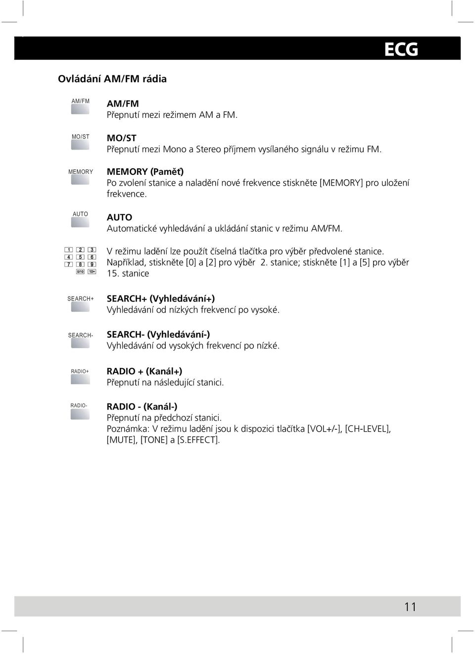 MEMORY (Paměť) Po zvolení stanice a naladění nové frekvence stiskněte [MEMORY] pro uložení frekvence. AUTO Automatické vyhledávání a ukládání stanic v režimu AM/FM.