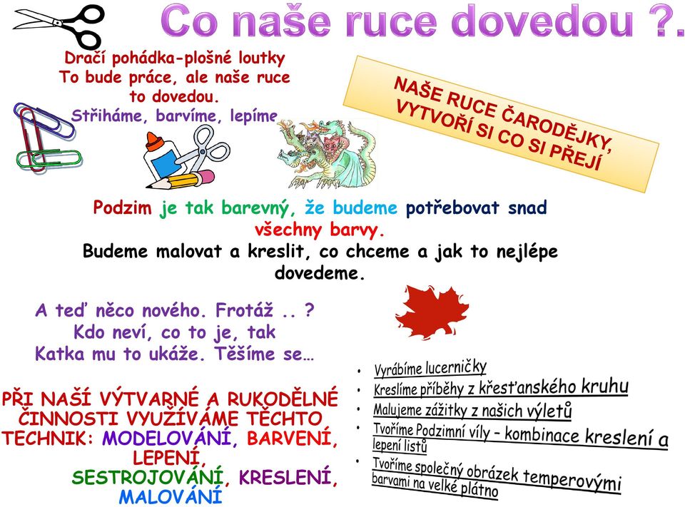 Budeme malovat a kreslit, co chceme a jak to nejlépe dovedeme. A teď něco nového. Frotáž.