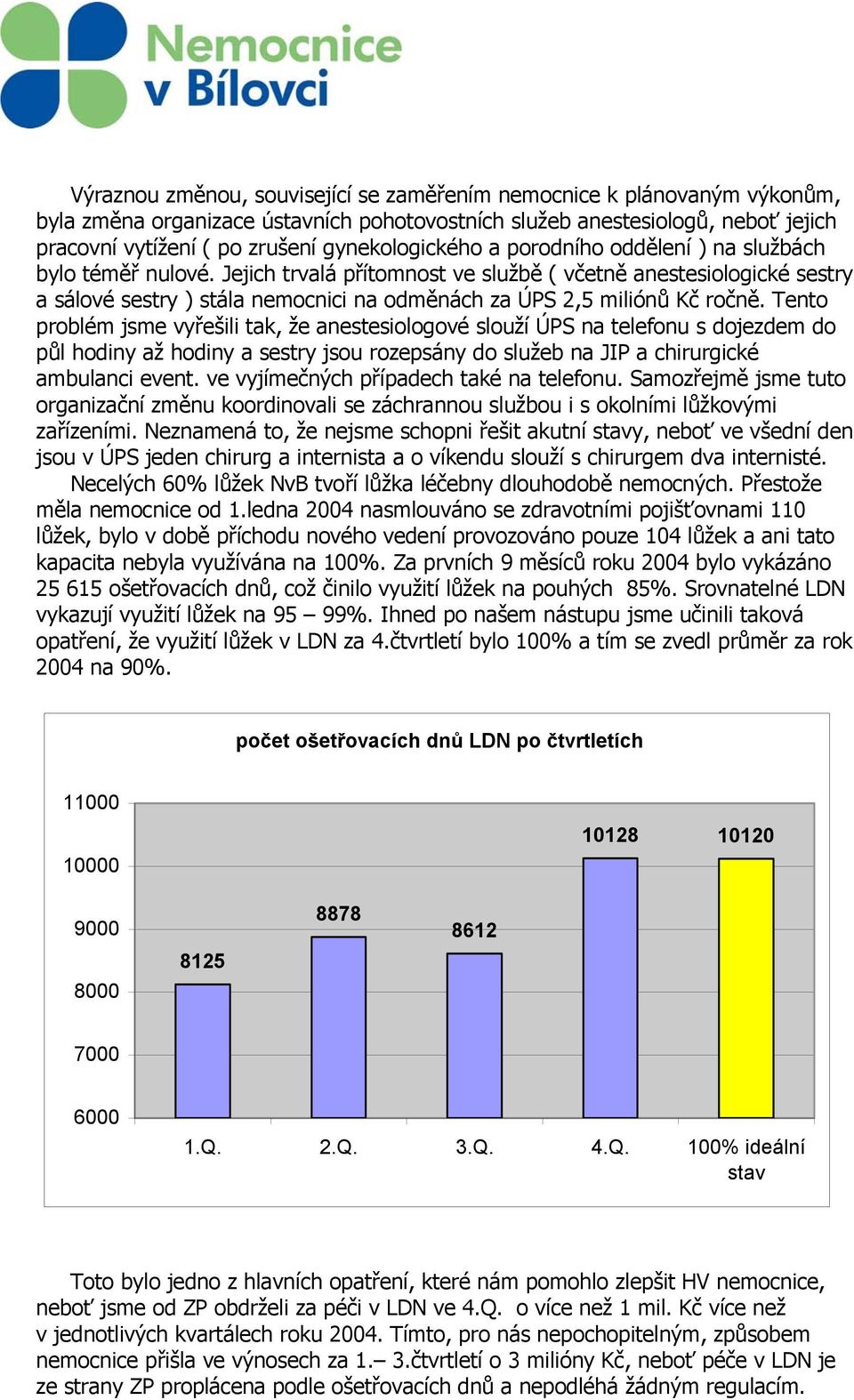 Jejich trvalá přítomnost ve službě ( včetně anestesiologické sestry a sálové sestry ) stála nemocnici na odměnách za ÚPS 2,5 miliónů Kč ročně.