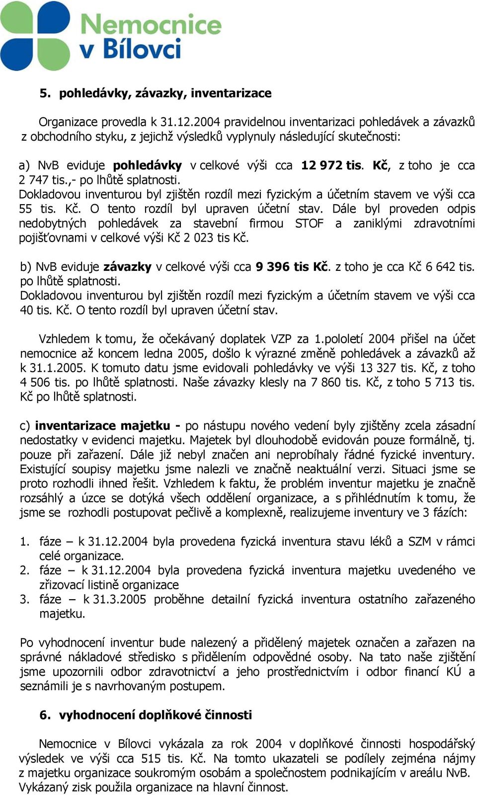 Kč, z toho je cca 2 747 tis.,- po lhůtě splatnosti. Dokladovou inventurou byl zjištěn rozdíl mezi fyzickým a účetním stavem ve výši cca 55 tis. Kč. O tento rozdíl byl upraven účetní stav.