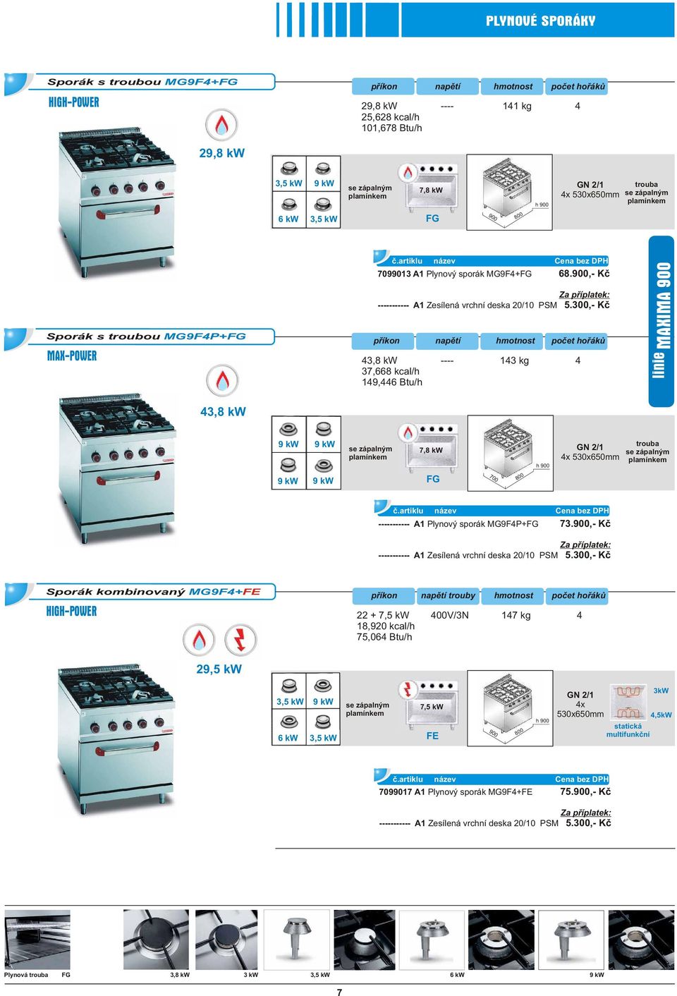 ,- Kè 43,8 kw ---- 143 kg 4 37,668 kcal/h 149,446 Btu/h linie MAXIMA 43,8 kw 700 ----------- A1 Plynový sporák MG9F4P+ 73.