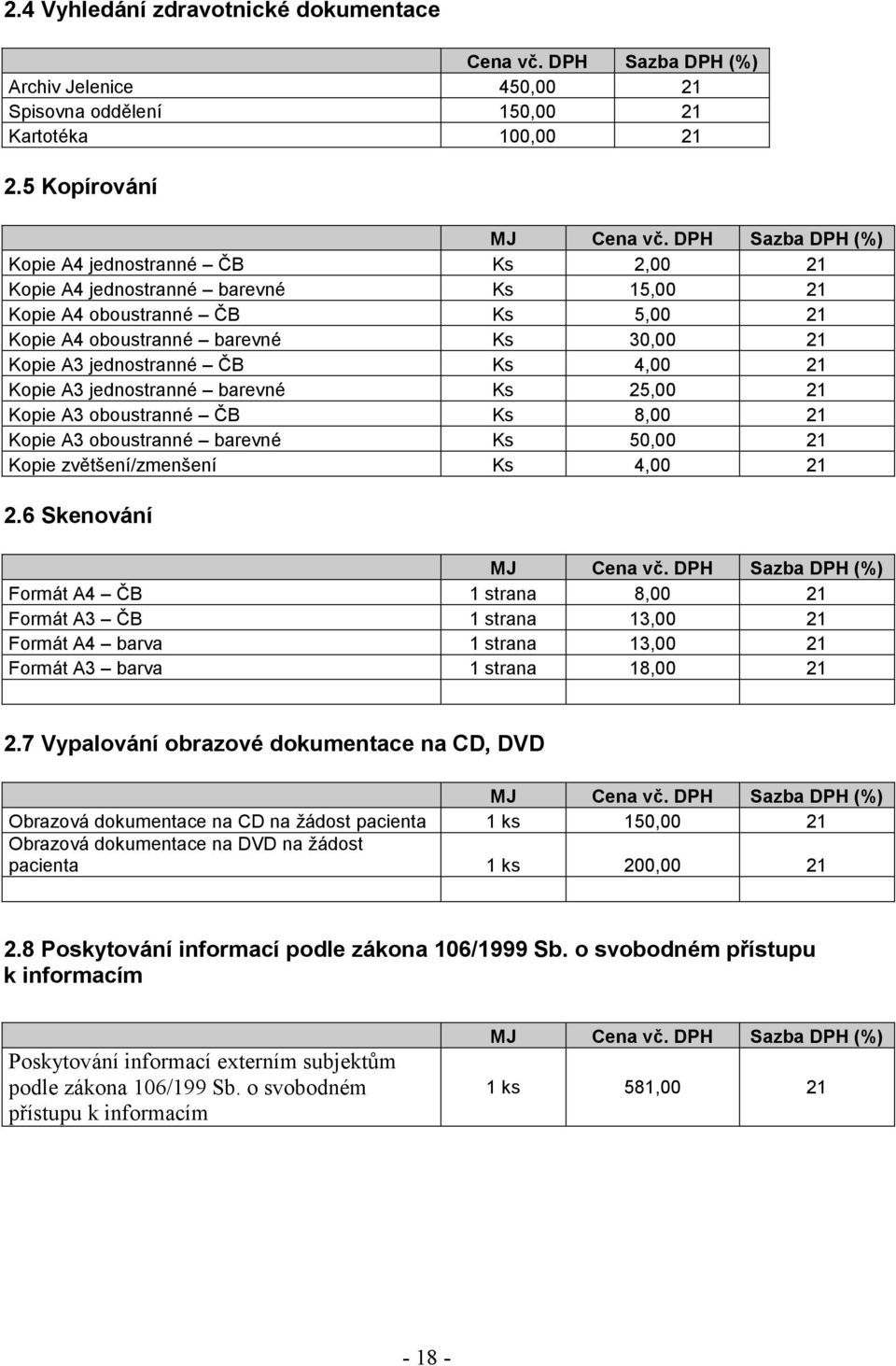 21 Kopie A3 jednostranné barevné Ks 25,00 21 Kopie A3 oboustranné ČB Ks 8,00 21 Kopie A3 oboustranné barevné Ks 50,00 21 Kopie zvětšení/zmenšení Ks 4,00 21 2.