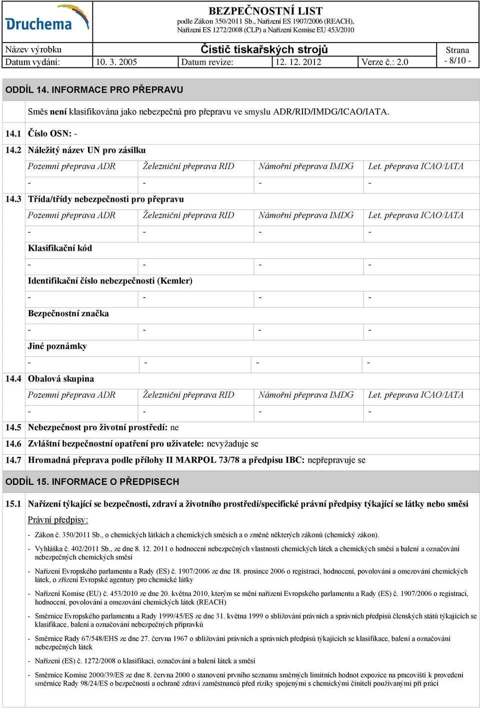 3 Třída/třídy nebezpečnosti pro přepravu Pozemní přeprava ADR Železniční přeprava RID Námořní přeprava IMDG Let.