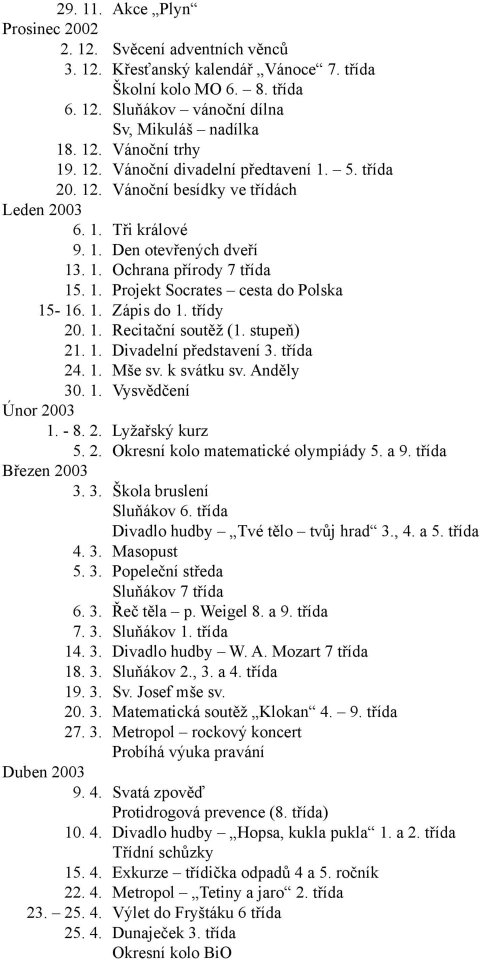 1. Zápis do 1. třídy 20. 1. Recitační soutěž (1. stupeň) 21. 1. Divadelní představení 3. třída 24. 1. Mše sv. k svátku sv. Anděly 30. 1. Vysvědčení Únor 2003 1. - 8. 2. Lyžařský kurz 5. 2. Okresní kolo matematické olympiády 5.