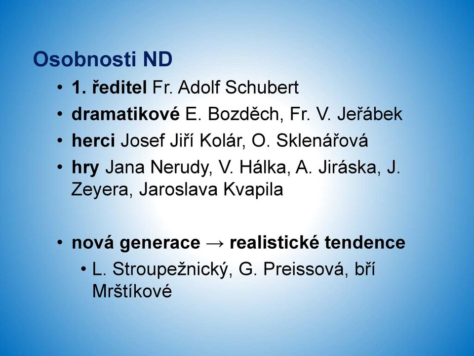 Sklenářová hry Jana Nerudy, V. Hálka, A. Jiráska, J.