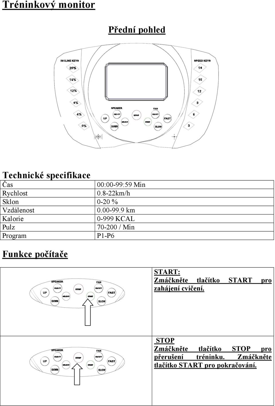 9 km Kalorie 0-999 KCAL Pulz 70-200 / Min Program P1-P6 Funkce počítače START: