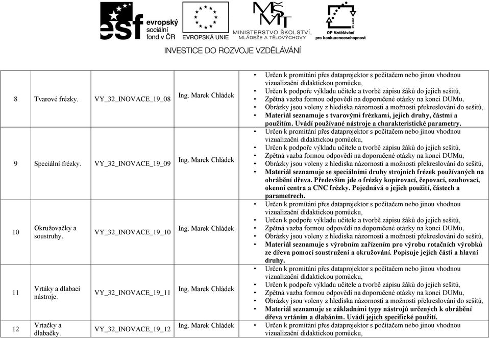 Materiál seznamuje se speciálními druhy strojních frézek používaných na obrábění dřeva. Především jde o frézky kopírovací, čepovací, ozubovací, okenní centra a CNC frézky.