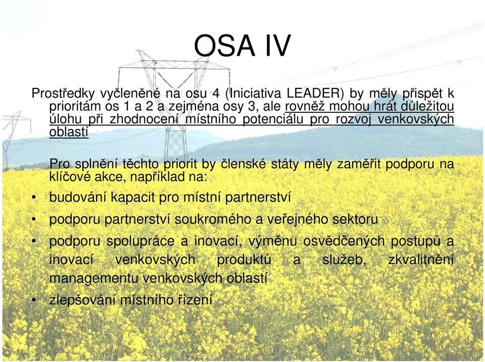 klíčové akce, například na: budování kapacit pro místní partnerství podporu partnerství soukromého a veřejného sektoru podporu spolupráce a