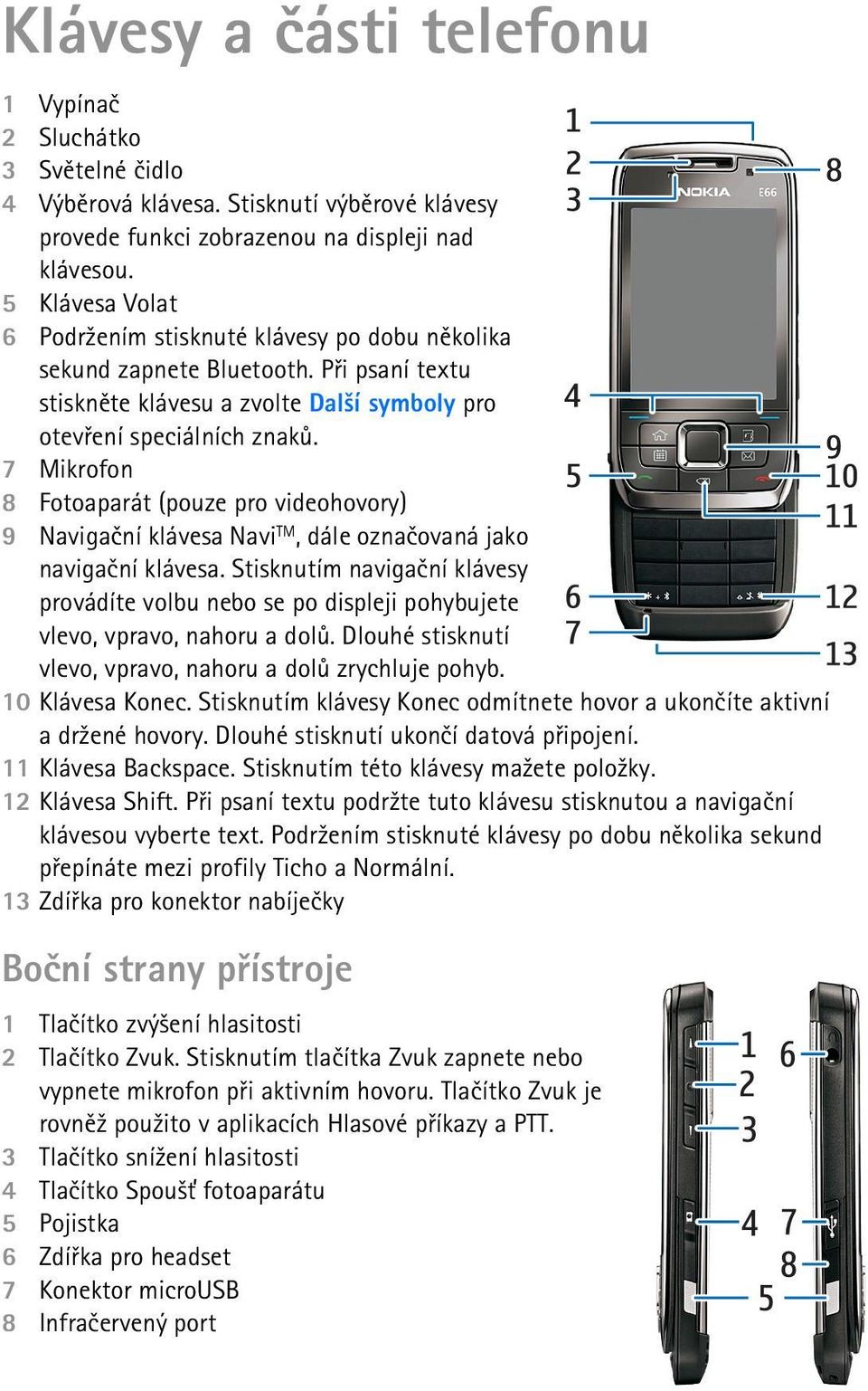 7 Mikrofon 8 Fotoaparát (pouze pro videohovory) 9 Navigaèní klávesa Navi TM, dále oznaèovaná jako navigaèní klávesa.