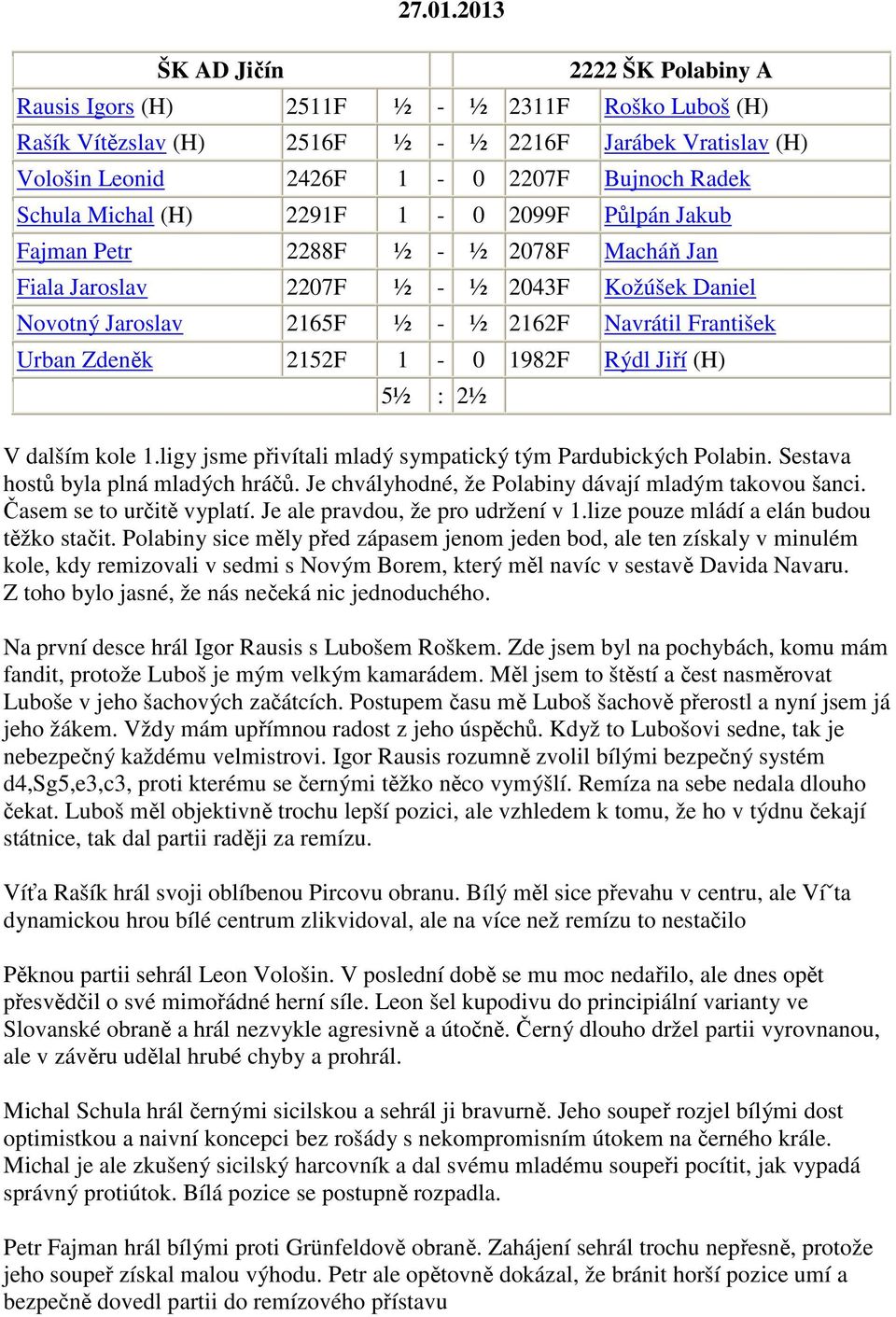 2291F 1-0 2099F Půlpán Jakub Fajman Petr 2288F ½ - ½ 2078F Macháň Jan Fiala Jaroslav 2207F ½ - ½ 2043F Kožúšek Daniel Novotný Jaroslav 2165F ½ - ½ 2162F Navrátil František Urban Zdeněk 2152F 1-0