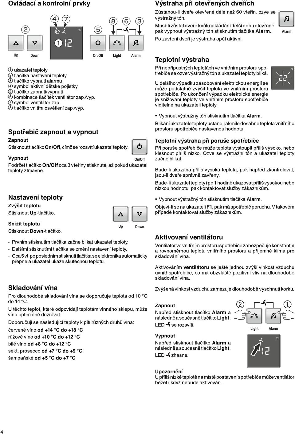 1ukazatel teploty 2tlačítka nastavení teploty 3tlačítko vypnutí alarmu 4symbol aktivní dětské pojistky 5tlačítko zapnutí/vypnutí 6kombinace tlačítek ventilátor zap./vyp. 7symbol ventilátor zap.