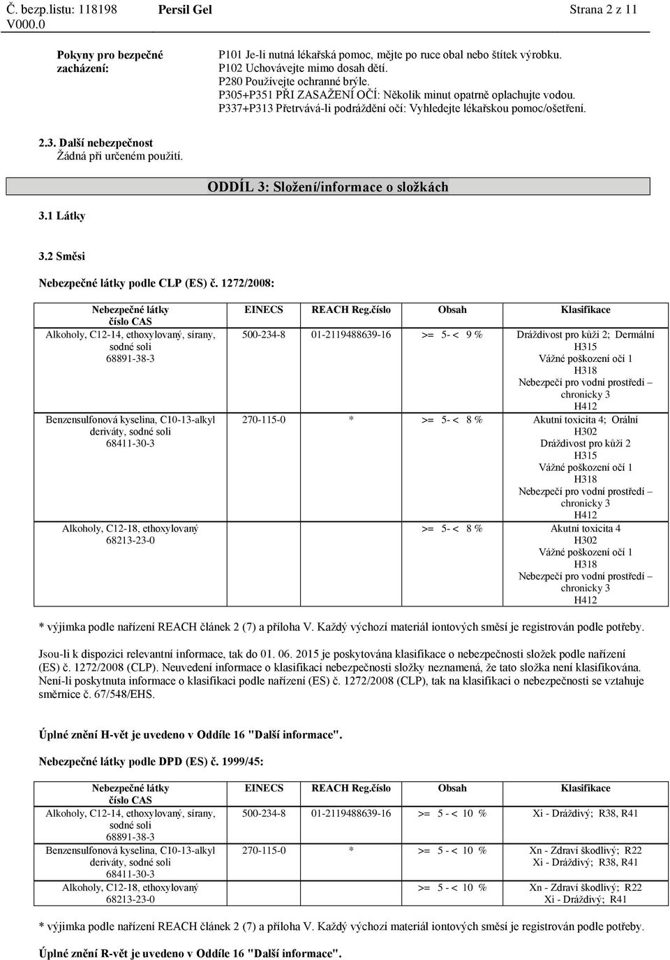 ODDÍL 3: Složení/informace o složkách 3.1 Látky 3.2 Směsi podle CLP (ES) č. 1272/2008: sodné deriváty, sodné Alkoholy, C12-18, ethoxylovaný EINECS REACH Reg.