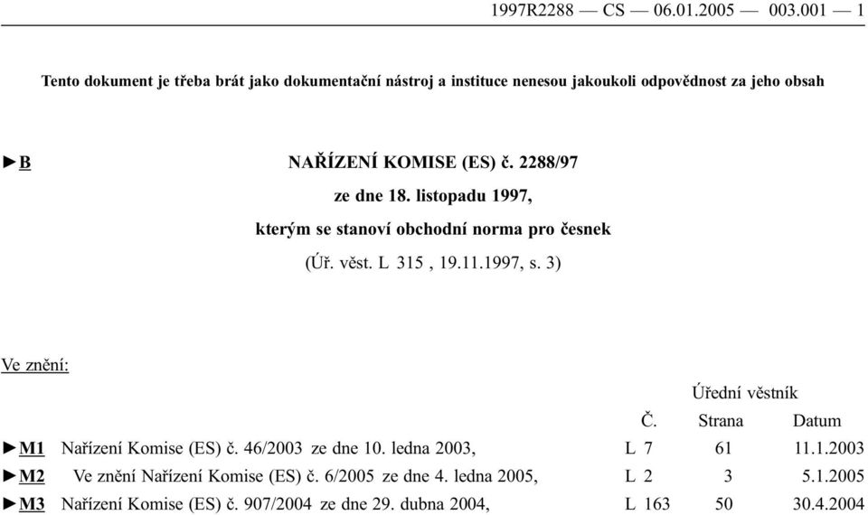 č. 2288/97 ze dne 18. listopadu 1997, kterým se stanoví obchodní norma pro česnek (Úř. věst. L 315, 19.11.1997, s.