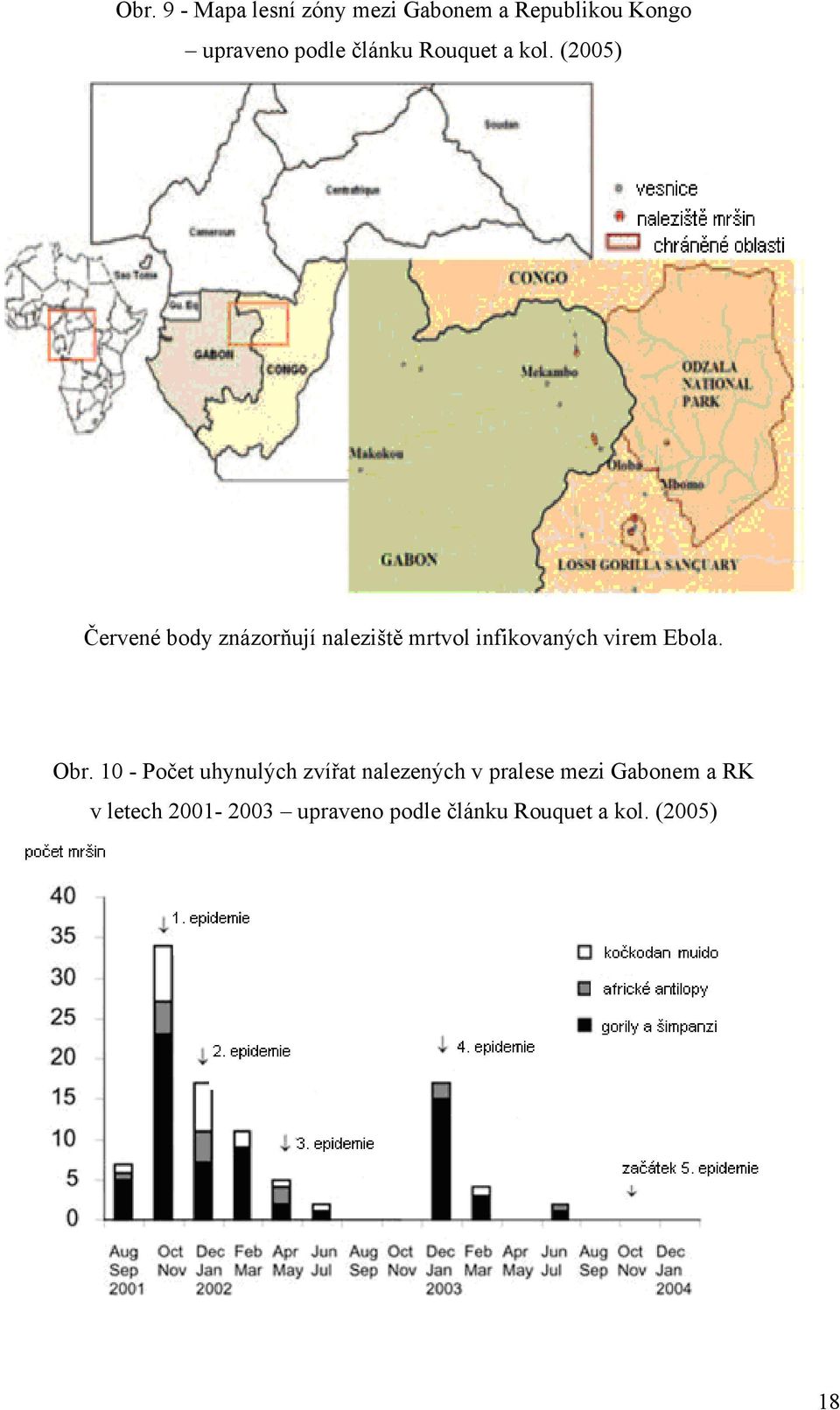 (2005) Červené body znázorňují naleziště mrtvol infikovaných virem Ebola.