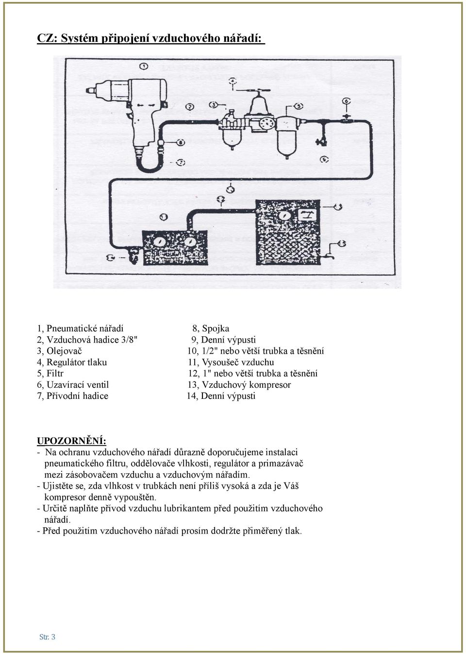 důrazně doporučujeme instalaci pneumatického filtru, oddělovače vlhkosti, regulátor a primazávač mezi zásobovačem vzduchu a vzduchovým nářadím.