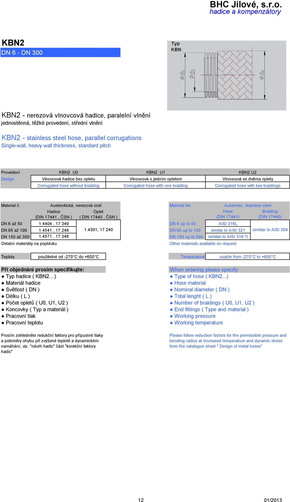 with one braiding Corrugated hose with two braidings Material č. Material No. Hose (DIN 17441) DN 6 až 50 1.4404, 17 349 DN 6 up to 50 AISI 316L DN 65 až 100 1.4541, 17 248 1.