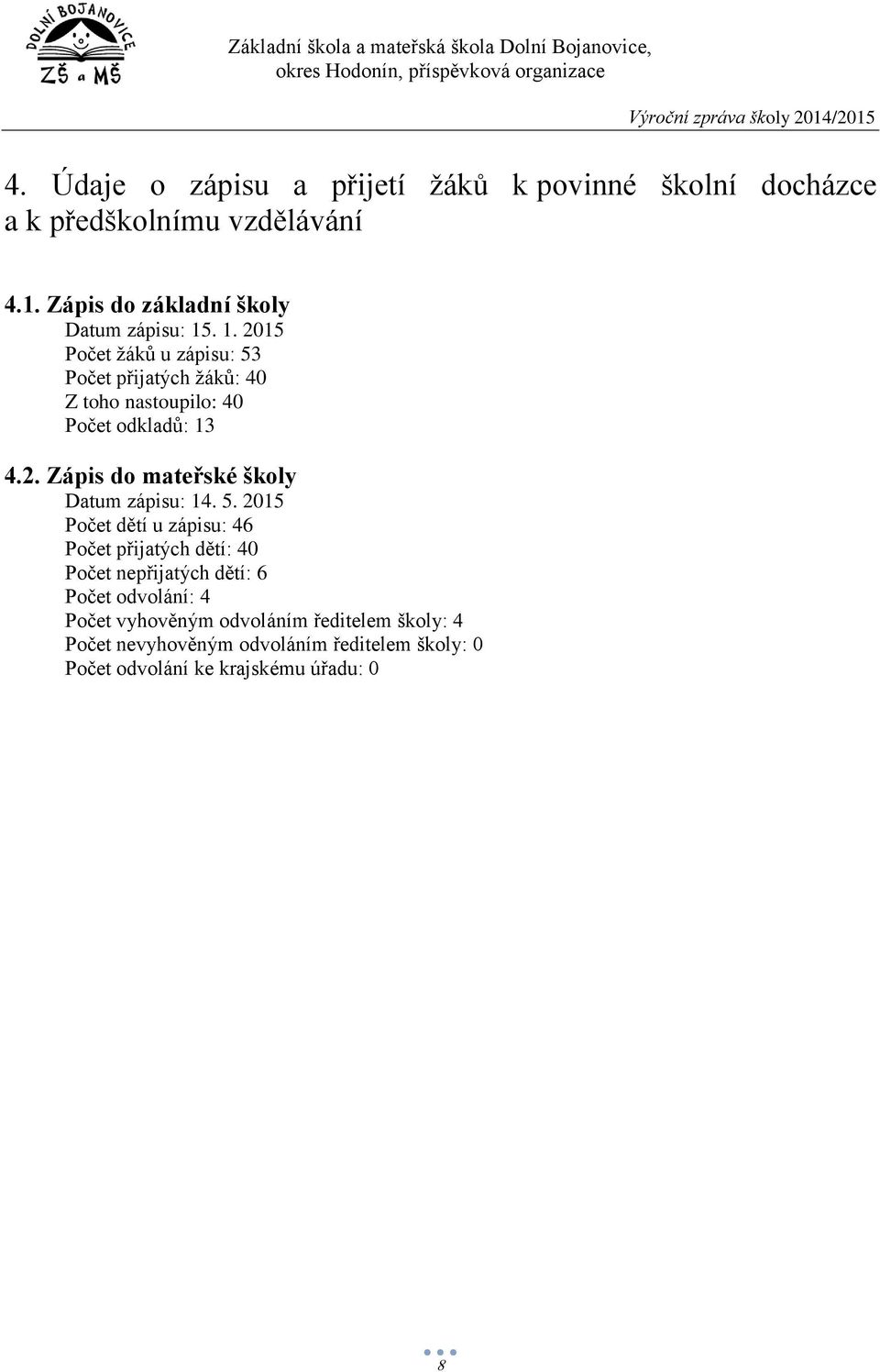 . 1. 2015 Počet žáků u zápisu: 53 Počet přijatých žáků: 40 Z toho nastoupilo: 40 Počet odkladů: 13 4.2. Zápis do mateřské školy Datum zápisu: 14.