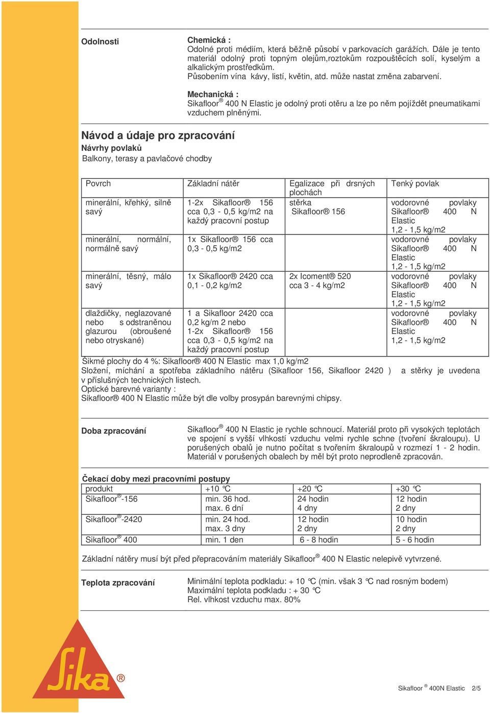 Návod a údaje pro zpracování Návrhy povlak Balkony, terasy a pavlaové chodby Mechanická : Sikafloor 400 N je odolný proti otru a lze po nm pojíždt pneumatikami vzduchem plnnými.