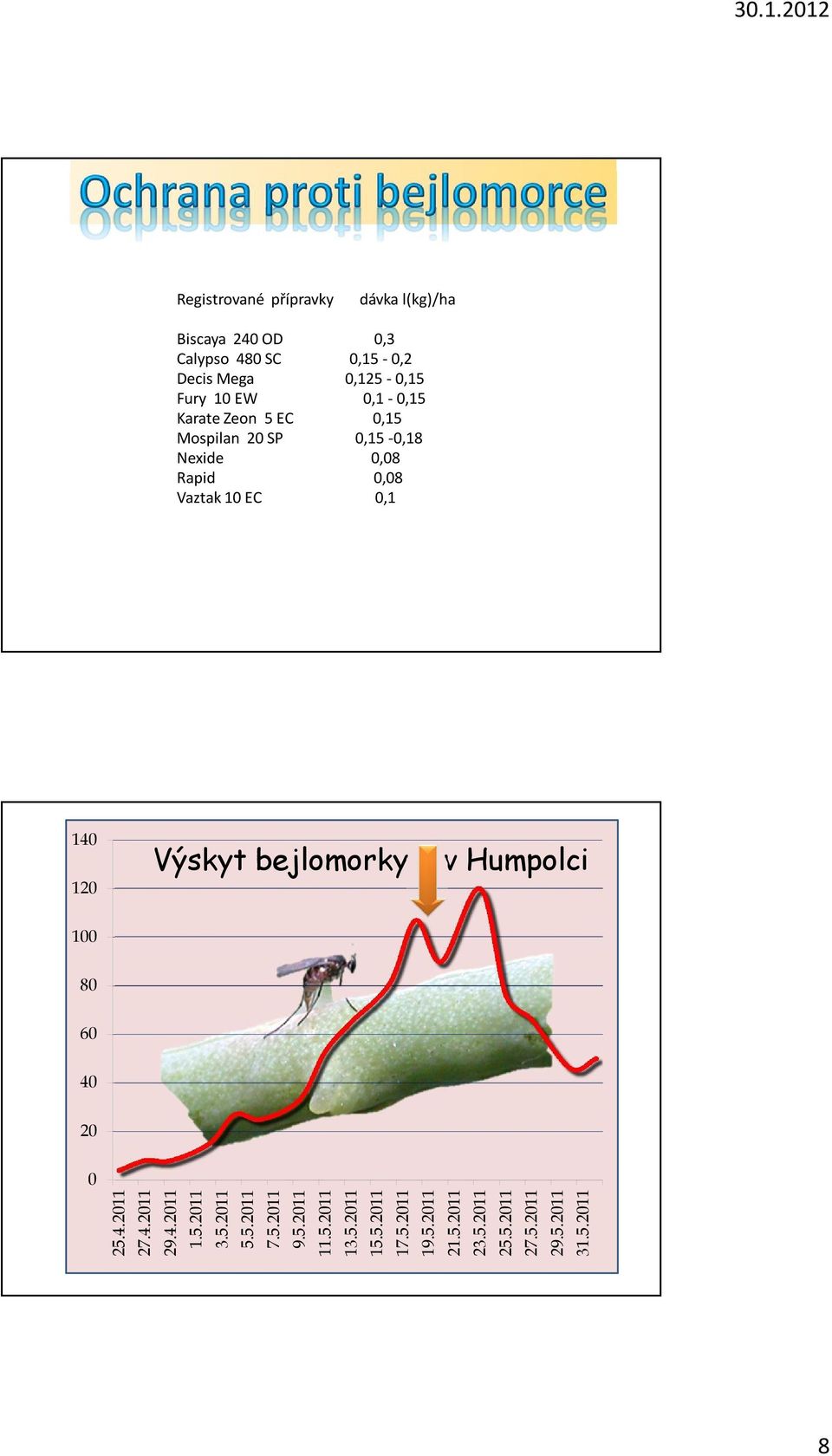 Výskyt bejlomorky v Humpolci 100 80 60 40 20 0 25.4.2011 27.4.2011 29.4.2011 1.5.2011 3.5.2011 5.5.2011 7.5.2011 9.