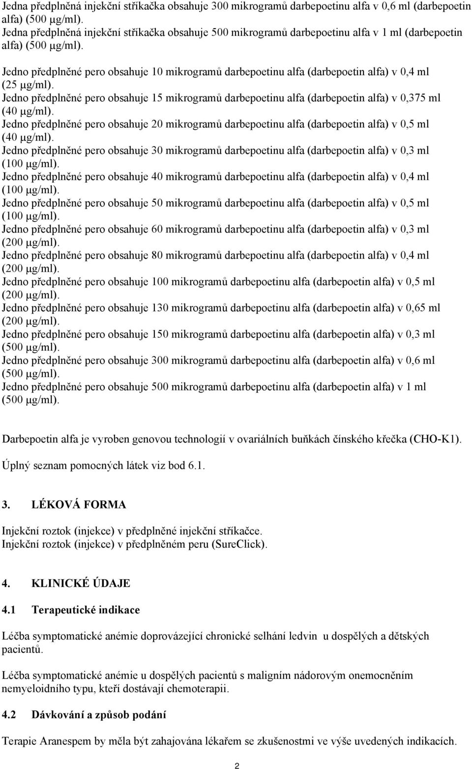 Jedno předplněné pero obsahuje 10 mikrogramů darbepoetinu alfa (darbepoetin alfa) v 0,4 ml (25 µg/ml).