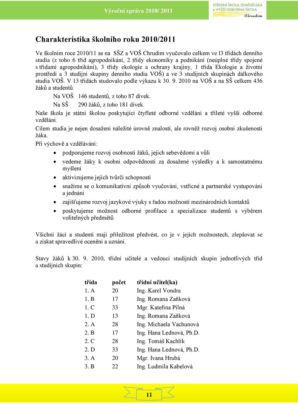 dálkového studia VOŠ. V 13 třídách studovalo podle výkazu k 30. 9. 2010 na VOŠ a na SŠ celkem 436 ţáků a studentů. Na VOŠ 146 studentů, z toho 87 dívek. Na SŠ 290 ţáků, z toho 181 dívek.