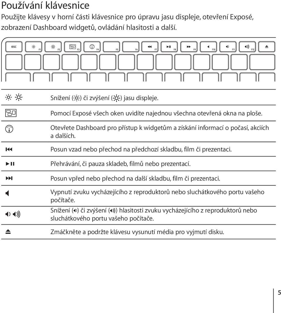 Otevřete Dashboard pro přístup k widgetům a získání informací o počasí, akciích a dalších. Posun vzad nebo přechod na předchozí skladbu, film či prezentaci.