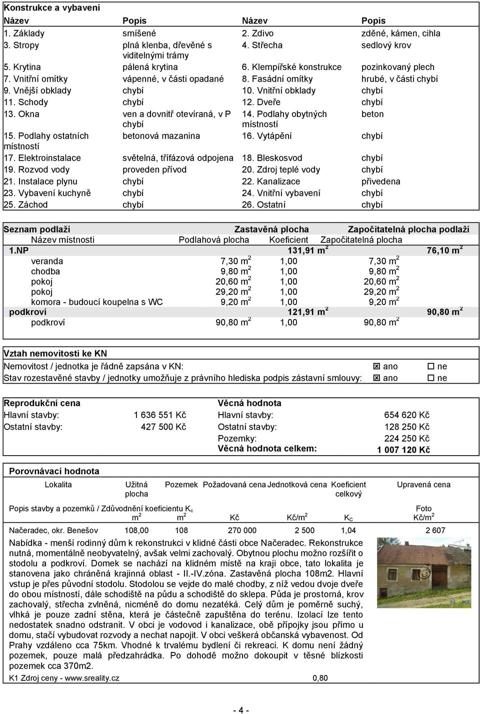 Dveře chybí 13. Okna ven a dovnitř otevíraná, v P 14. Podlahy obytných beton chybí místností 15. Podlahy ostatních betonová mazanina 16. Vytápění chybí místností 17.